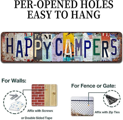Happy Campers Vintage Metal Tin Sign - Rustic Camping Wall Art for Cabin, RV, Outdoor, Farmhouse Décor - 4x16 Inch