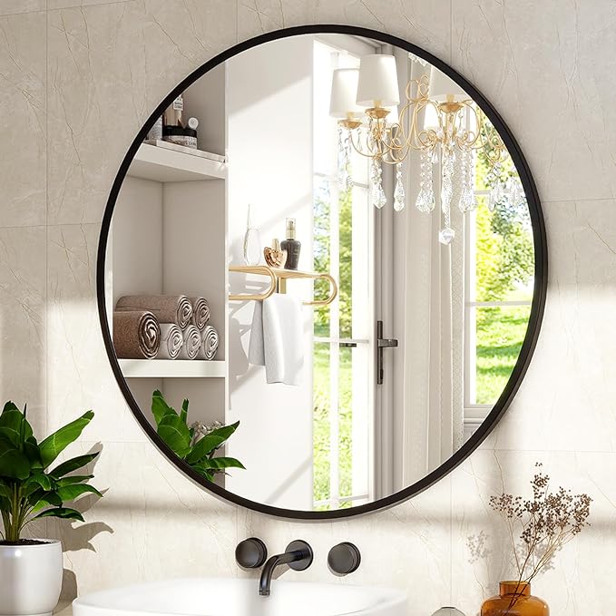 XRAMFY 36 Inch Round Mirror - Circle Mirrors for Bathroom, Entryway and Living Room Wall Decor, Modern Hanging Vanity Mirror, Matte Black Circle Decorative Wall Mirror