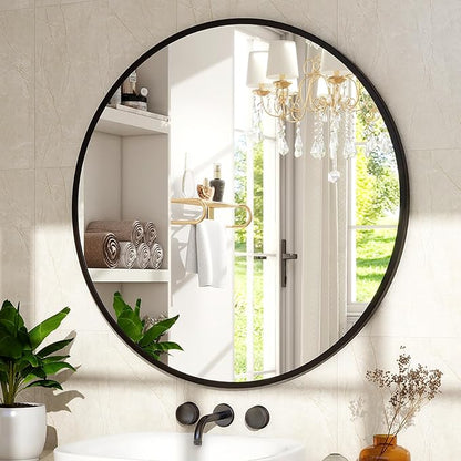 XRAMFY 24 Inch Round Mirror - Circle Mirrors for Bathroom, Entryway and Living Room Wall Decor, Modern Hanging Vanity Mirror, Matte Black Circle Decorative Wall Mirror