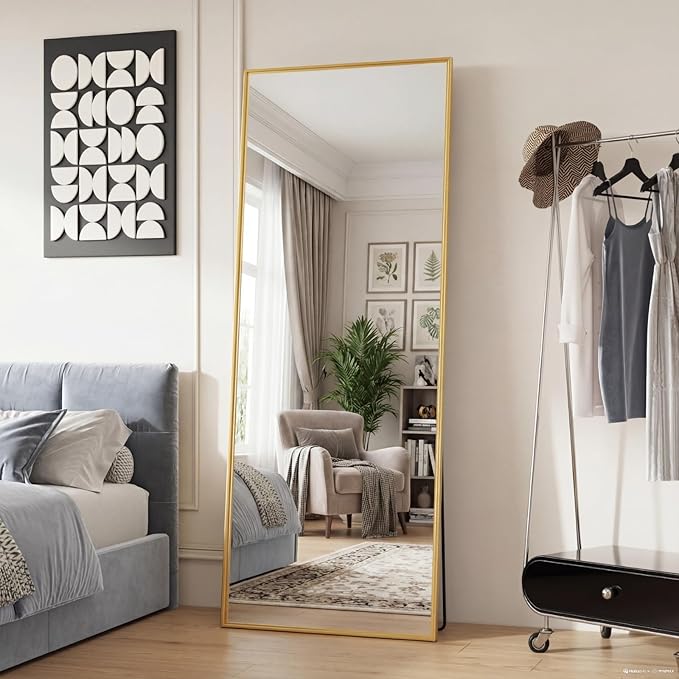 Sweetcrispy 65"x24" Full Length Mirror, Full Body Mirror with Aluminum Alloy Thin Frame, Leaning or Standing, Suitable for Bedroom, Livingroom, Cloakroom, Gold