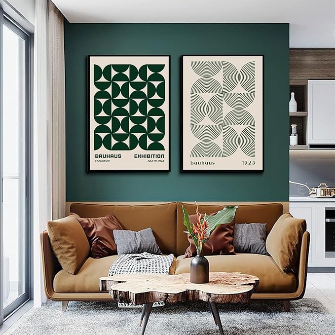 2Pcs Bauhaus Mid Century Modern Wall Art Retro Exhibition Posters Prints Green Boho Geometric Abstract Minimalist Wall Decor Pictures for Bedroom iving Room Dining Room UNFRAMED (Green, 16x24in)