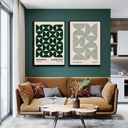 2Pcs Bauhaus Mid Century Modern Wall Art Retro Exhibition Posters Prints Green Boho Geometric Abstract Minimalist Wall Decor Pictures for Bedroom iving Room Dining Room UNFRAMED (Green, 16x24in)