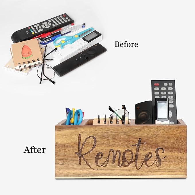 LBEMEY Remote Control Holder Caddy, Acacia Wood TV Remote Holder, Remote Organizer for Table, Vintage Farmhouse Desk Caddy (Brown-for 5+ Remote Controls)