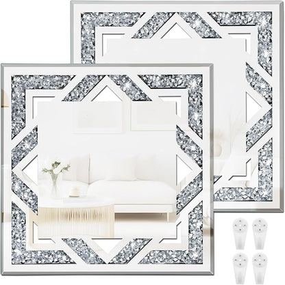 2 Piece Square Hollow Crushed Diamond Decorative Mirror, Silver Crushed Diamond Mirror Decor Wall for Living Room Bedroom Bathroom (12”x12”)