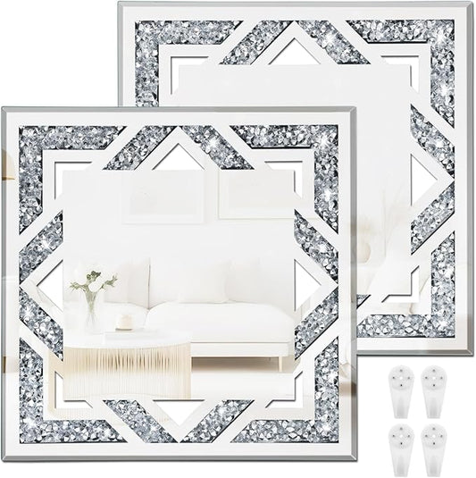 2 Piece Square Hollow Crushed Diamond Decorative Mirror, Silver Crushed Diamond Mirror Decor Wall for Living Room Bedroom Bathroom (12”x12”)