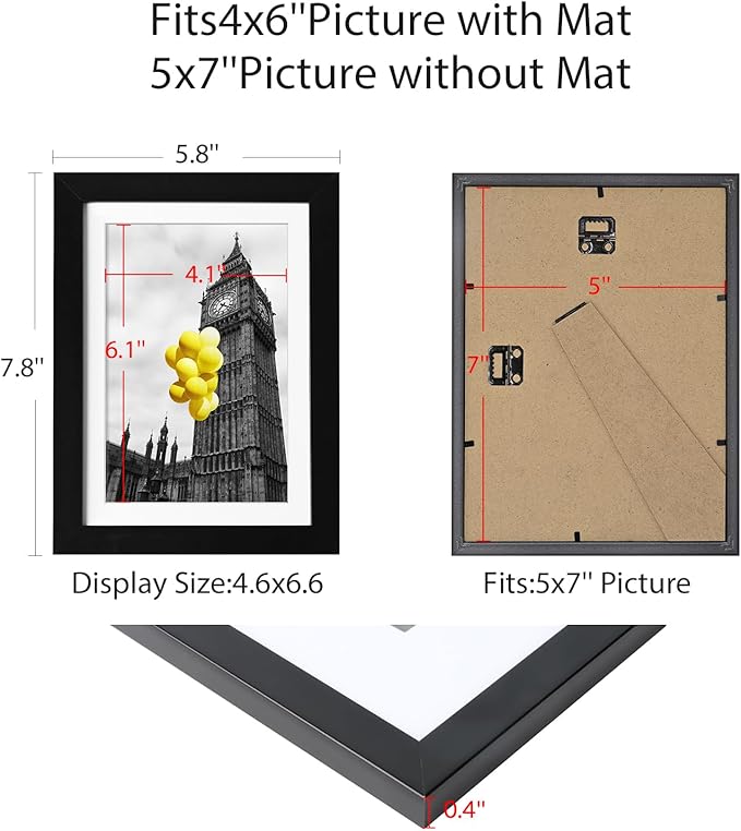5x7 Picture Frame Set of 6, Display 4x6 with Mat or 5x7 Without Mat, Photo Frames for Wall Mounting or Table Top Display,Collage Wall Decor Gallery Wall Frame Set,Black