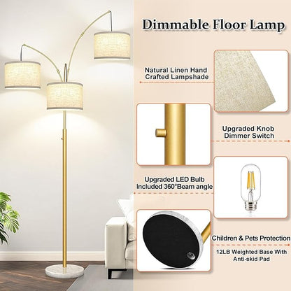 Dimmable 3 Lights Arc Floor Lamp, Modern Tall Standing Tree Lamp with Gold Pole, White Linen Shades & Solid Marble Base, 3000LM Warm White LED Bulbs, Elegant Lighting for Living Room, Bedroom & Office