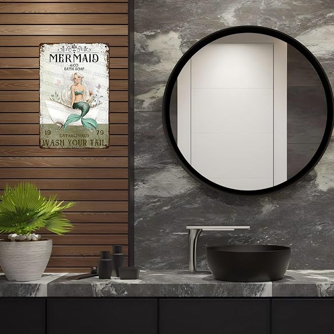 Mermaid Bathroom Tin Sign “Wash Your Tail” - Funny Metal Wall Art, Vintage 8x12 Inch Decor for Seaside, Beach House & Shower Bathroom Toilet Hotel