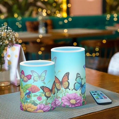 ALAZA Spring Color Butterflies Flowers Flickering Flameless Candles Battery Operated with Remote Timer,Tea Light Candles LED Pillar Votive Candles Set of 2 for Outdoor Indoor Decorations