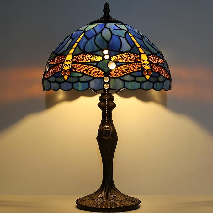 Tiffany Lamp Stained Glass Table Lamp 12 x 19” Bedside Reading Lamp Blue Dragonfly Style Decorative Lamp for Desk Living Room Bedroom Office Study Light Decor Gift