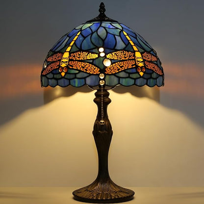 Tiffany Lamp Stained Glass Table Lamp 12 x 19” Bedside Reading Lamp Blue Dragonfly Style Decorative Lamp for Desk Living Room Bedroom Office Study Light Decor Gift