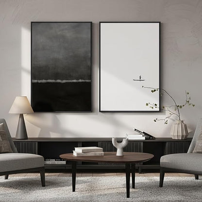 Framed Black and White Abstract Wall Art for Living Room, Large Set of 2 Minimalist Modern Canvas Prints for Walls, Seascape Horizon Pictures for Bedroom Dining Room Hallway Office Wall Decor 24x36 In