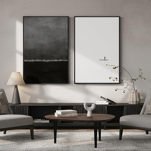 Framed Black and White Abstract Wall Art for Living Room, Large Set of 2 Minimalist Modern Canvas Prints for Walls, Seascape Horizon Pictures for Bedroom Dining Room Hallway Office Wall Decor 24x36 In