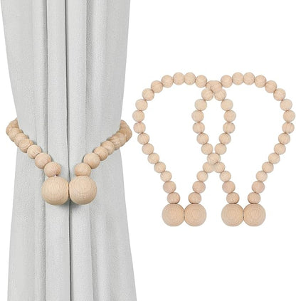 KLOGTSIND Magnetic Curtain Tiebacks, Curtain Tie Backs for Curtains 2 Pack, Wood Bead Curtain Tiebacks, Curtain Holders for Boho Bedroom Decor, Baby Nursery Decor, Farmhouse Décor