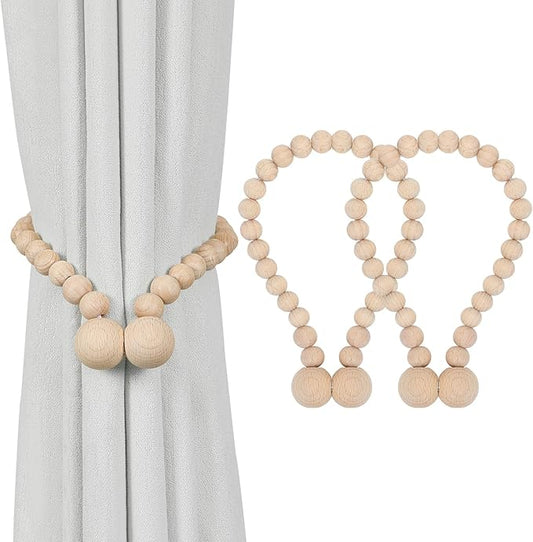 KLOGTSIND Magnetic Curtain Tiebacks, Curtain Tie Backs for Curtains 2 Pack, Wood Bead Curtain Tiebacks, Curtain Holders for Boho Bedroom Decor, Baby Nursery Decor, Farmhouse Décor