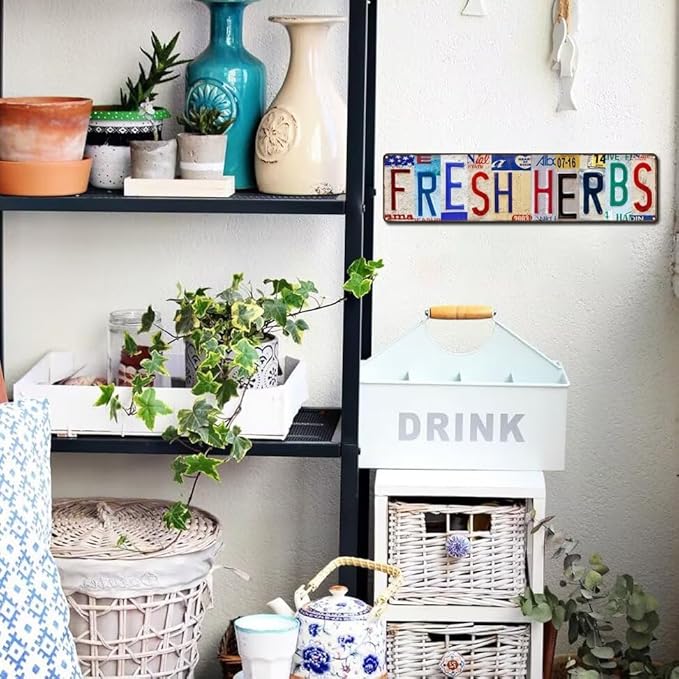 Fresh Herbs Metal Sign Country Farmhouse Home Gardener Tin Sign License Plate Design Street Signs Home Wall Decor 16" x 4"