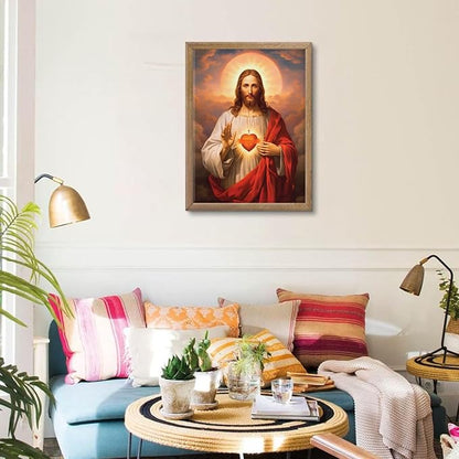 Framed Sacred Heart of Jesus Canvas Wall Art Divine Mercy Painting Picture Wall Decor Religious Christ Jesus Portrait Poster Prints Artwork for Dining Living prayer Room Bedroom Home Decor 12x16 in