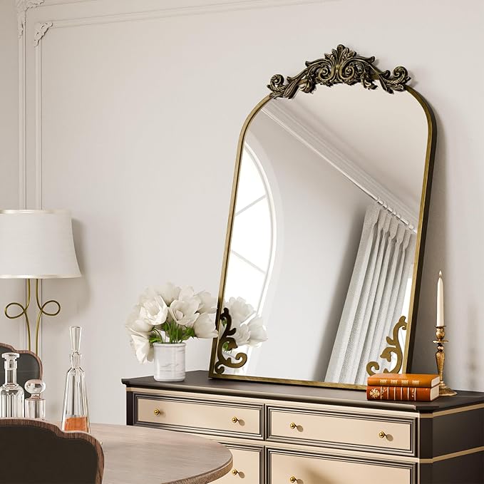 Koonmi Vintage Mirror, 22x30 Antique Barolon Mirror for Wall, Bronze Frame with Ornate Patterns, Flower Head, Shatter-Proof Tempered Glass Arched Decorative Mirrors for Bathroom
