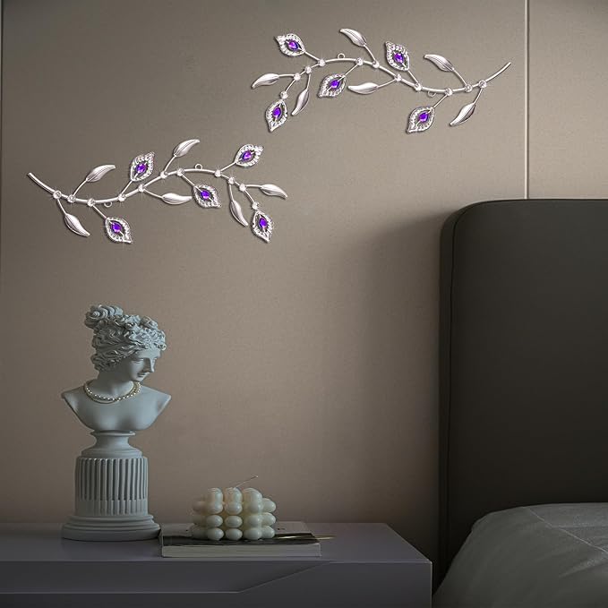 sxnzequnze 2 Sets Leaf Wall Art for Home Metal Bling Rhinestones Ready to Hang Tree Branch Leaves Olive Vine Wrought Iron Hanging Sculpture Pieces Wall Decor Pcs - 16.5in