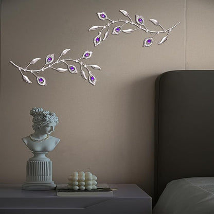 sxnzequnze 2 Sets Leaf Wall Art for Home Metal Bling Rhinestones Ready to Hang Tree Branch Leaves Olive Vine Wrought Iron Hanging Sculpture Pieces Wall Decor Pcs - 16.5in