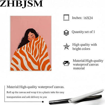 ZHBJSM Cozy Woman Wall Art Modern Soft Pastel Pink Orange Textured Blanket Gentle Calm Vibe Home Bedroom Living Room Warm Inviting Comfortable Interior Decor Statement Piece 16x24 Inch Unframed