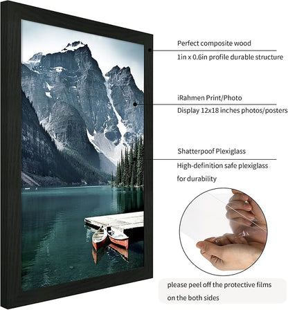 iRahmen 12x18 Picture Frame Set of 2 with Plexiglass, Black Wood Poster Frames for Photo Gallery Wall Mounting Horizontal and Vertical