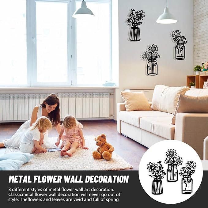 3 Pcs Metal Flower Wall Decor,Black Metal Art Wall Decor Minimalist Floral Wall Decor Multiple Flowers with Vases Sculpture Wall Hanging Decor for Bathroom Living Room Kitchen Office