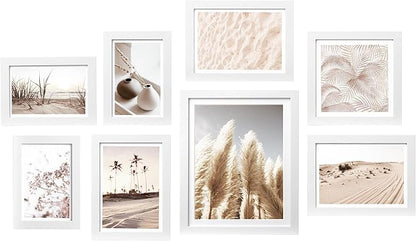 ArtbyHannah Gallery Wall Frame Set, 8 Pack Picture Frames Collage Wall Art Decor with Neutral Pampas Grass for Bedroom, Assorted Size Including 8"x10", 5"x7", 4"x6", 6"x6"(White Frame,Small)