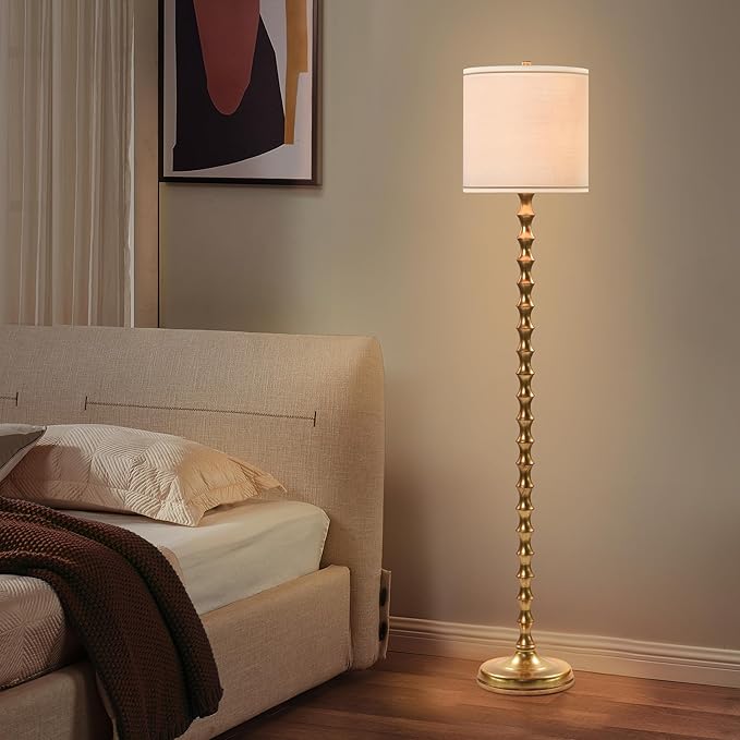 EUO 64.5" Vintage Gold Floor Lamp, Mid-Century Modern Tall Standing Lamp with White Linen Drum Shade, Glam Metal Floor Lamp for Living Room Bedroom Corner Home Office