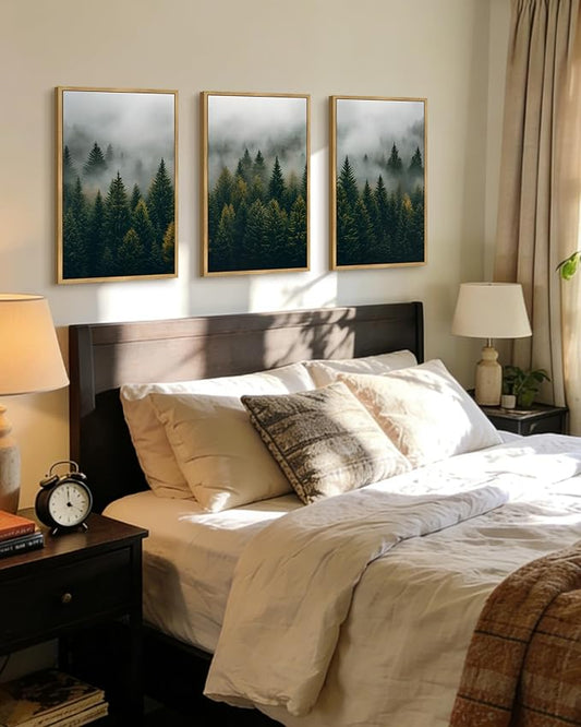 Drsoum Fog Pine Tree Landscape Wall Art Framed Nature Misty Nordic Forests Prints Morden Farmhouse Rustic Artwork Hallway Bathroom Ready to Hang 16x24in Natural Framed