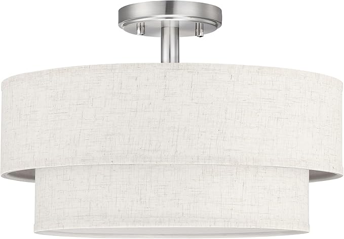 15 Inch LED 18W Adjustable 3000/4000/5000 Brushed Nickel Double Drum Linen Fabric Shade Semi Flush Mount Close to Ceiling Light Fixture for Bedroom,Living Room,Dining Room Hallway