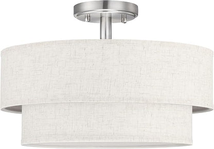 15 Inch LED 18W Adjustable 3000/4000/5000 Brushed Nickel Double Drum Linen Fabric Shade Semi Flush Mount Close to Ceiling Light Fixture for Bedroom,Living Room,Dining Room Hallway
