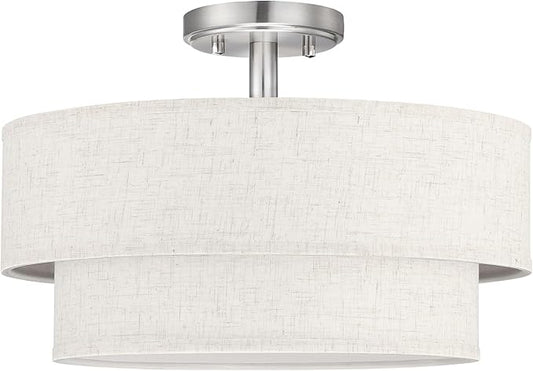 15 Inch LED 18W Adjustable 3000/4000/5000 Brushed Nickel Double Drum Linen Fabric Shade Semi Flush Mount Close to Ceiling Light Fixture for Bedroom,Living Room,Dining Room Hallway