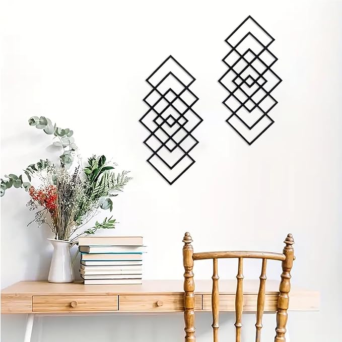 DUOOLN Large 2Pcs Abstract Metal Wall Art Decor, Black Modern Geometric Hanging Sign, Minimalist Single Line Décor Sculptures, Living Room Bedroom Bathroom Office Farmhouse Decoration-17.32 x 9.6 in