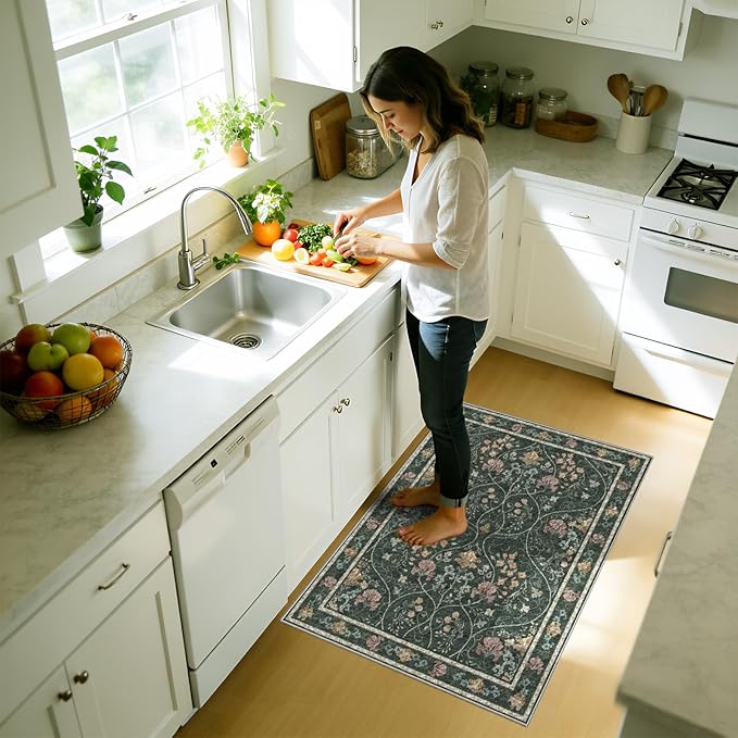Entryway Rug 2x3 Washable Vintage Floral Rug Non Slip Low Pile Small Rugs, Floral Front Door Rugs for Entrance Kitchen Bedroom Laundry Bathroom Dark Grey
