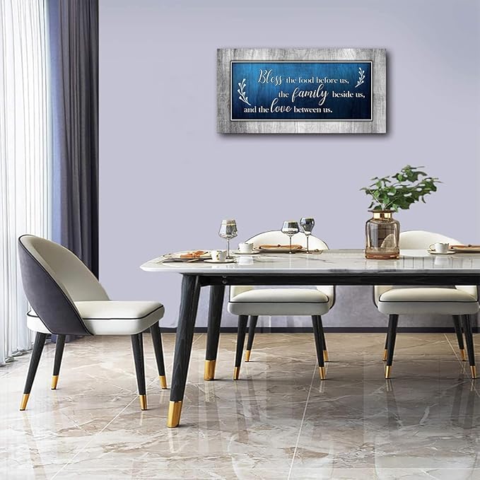 Canvas Wall Art for Dining Room Decor-Blue and Grey Canvas Prints Bless The Food Quote Wall Pictures Painting Framed Artwork for Home Living Room Bedroom Kitchen Decoration 20"x40"