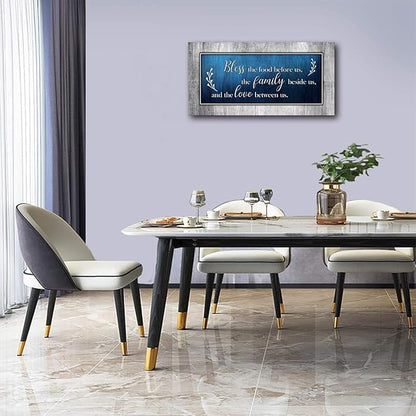 Canvas Wall Art for Dining Room Decor-Blue and Grey Canvas Prints Bless The Food Quote Wall Pictures Painting Framed Artwork for Home Living Room Bedroom Kitchen Decoration 20"x40"