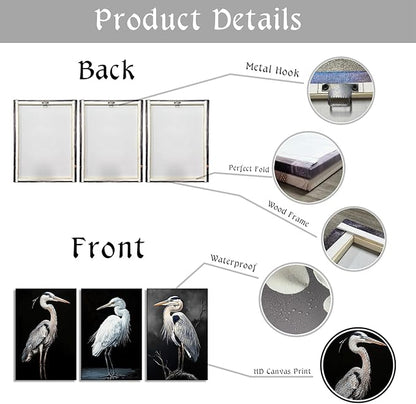 3 Pcs Heron Canvas Wall Art - Birds Picture Wall Decor Framed Black and White Painting Prints Animal Art for Living Room Home Office Ready to Hang(Art-1,12.00"x16.00"x3P)