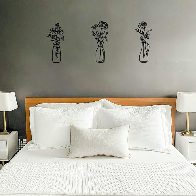 Blueprint Ivy 3 pieces Metal Flowers Wall Arts Minimalist Wall Decor for Living Room Bathroom Dining Room Kitchen Housewarming Gift (Black)