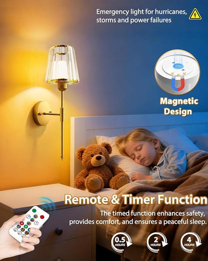 Adetu Crystal Battery Operated Wall Sconces Set of Two, Gold Rechargeable Wall Lights with 10000mAh Dimmable Magnetic Bulb, RGB Rechargeable Battery Wall Sconce with Remote Control for Bedroom Decor