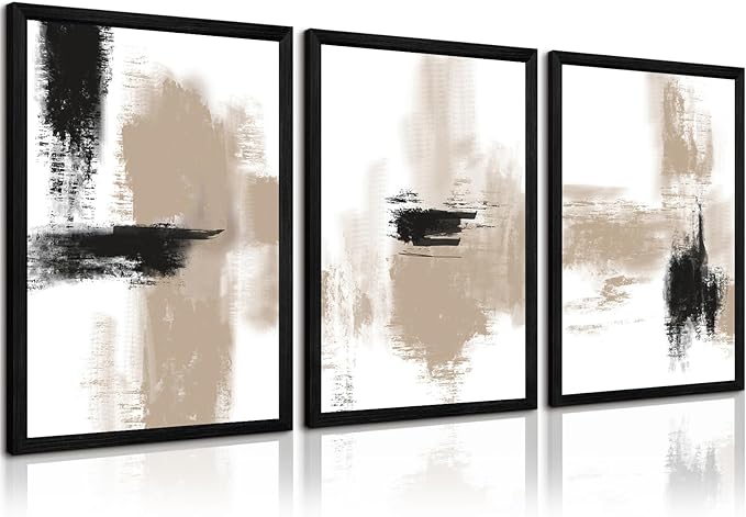 Joocrise Beige Abstract Wall Art Painting Set of 3 Neutral Canvas Wall Art Prints Black Beige Modern Wall Decor Minimalist Art Pictures Abstract Modern Artwork for Room Bedroom 16x24 Inch Wood Framed