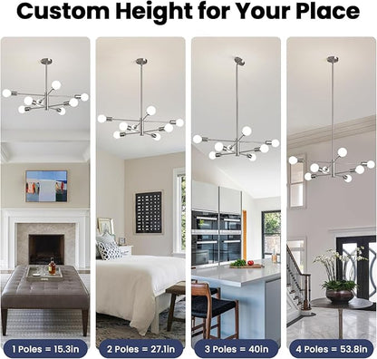 RUIYEY Modern Sputnik Chandeliers Light, 8 Lights Brushed Nickel Dining Room Chandelier Over Table, E26 Mid Century Ceiling Light Fixtures Height Adjustable Hanging Pendant Lighting for Entryway Foyer