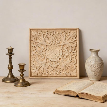 NAHARO Modern Hand Carved Wooden Wall Art – Square Wood Sculpture Decor, Boho Rustic Home Decor for Living Room, Bedroom, Entryway