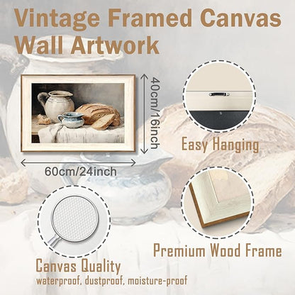 ASTRDECOR Framed Kitchen Wall Art, Modern Muted Still Life Painting Farmhouse Wall Decor, Sourdough Bread Canvas Art Prints, Rustic Jars White Tablecloth Country Wall Decor Living Room-16''x 24''