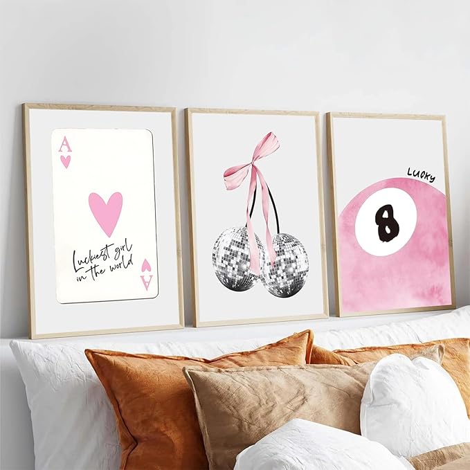 JBZZD Pink Coquette Canvas Wall Art Set of 3 Trendy Preppy Disco 8 Ball Cherry Wall Decor Posters Room Decor Prints Pictures for College Apartment Girls Bedroom Living Room Unframed 16x24 In