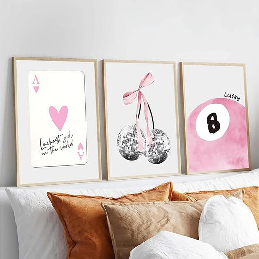 JBZZD Pink Coquette Canvas Wall Art Set of 3 Trendy Preppy Disco 8 Ball Cherry Wall Decor Posters Room Decor Prints Pictures for College Apartment Girls Bedroom Living Room Unframed 16x24 In