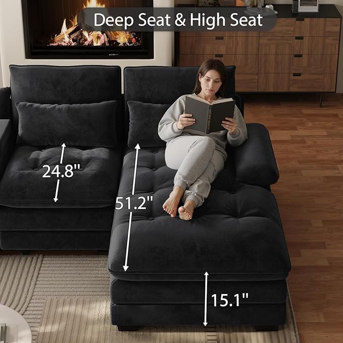 134"U Shaped Sectional Couches for Living Room,Oversized Modular Sectional Fluffy Couch with Chaise Lounge & Tufted Buttons,Modern Chenille 6 Seat Living Room Sofa Set with Storage Console,Black