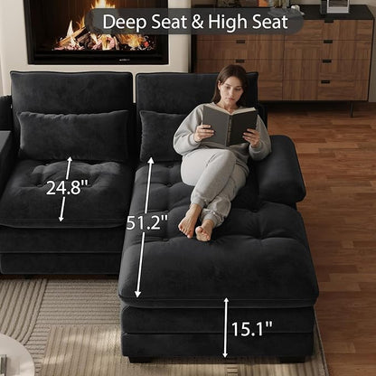 134"U Shaped Sectional Couches for Living Room,Oversized Modular Sectional Fluffy Couch with Chaise Lounge & Tufted Buttons,Modern Chenille 6 Seat Living Room Sofa Set with Storage Console,Black