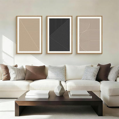 HPNIUB Abstract Neutral Framed Wall Art Set,Mid Century Modern Wall Decor,Boho Geometric Line Art Print,Beige Minimalist Textured Artwork for Living Room, Bedroom,Office-16''x24''x3