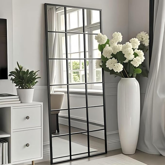 Dewfig 65"x 24" Window pane Full Length Mirror, Wall Mirror, Floor Standing Mirrors, Farmhouse Long Full Body Mirrors Wall Mounted for Living Room, Bedroom, Entryway, Fireplace, Black